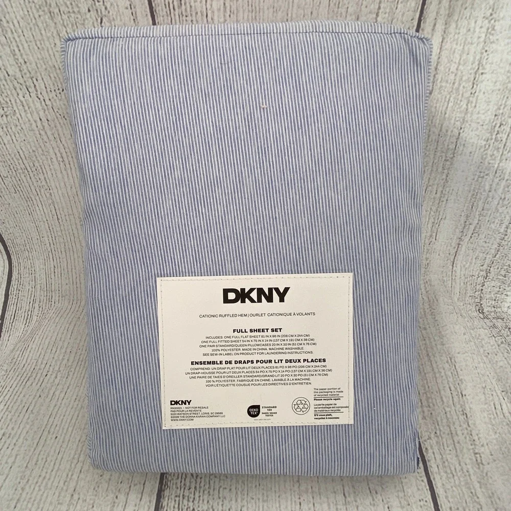 DKNY Sheet Set Full Blue White Pinstripe Ruffled Hem Bedding Chic Preppy Coastal